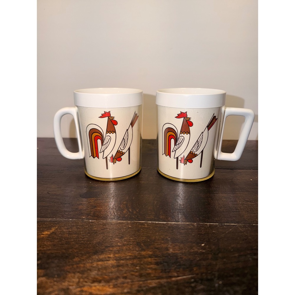 Vintage Rooster Insulated Plastic Coffee Mugs Mid-Century Modern